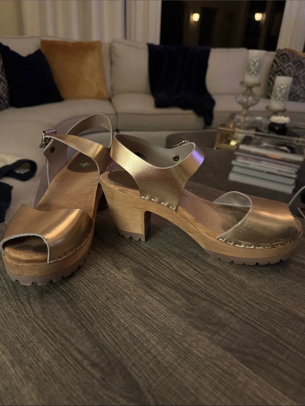 Women's Metallic Rose Gold Platform Sandals with Ankle Strap